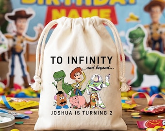 Personalized Toy Story Birthday Party Favor Bags Custom Name Cotton Goodie Bag Kids Bday Gift Wrap Infinity and Beyond Theme Treat Pouch