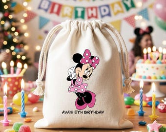 Personalisierte Disney Minnie Geburtstags-Geschenktüten aus Baumwolle, individuelle Mitgebseltüten für Kinder, Partygäste, Geschenk für sie