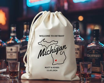 Personalisierte Gastgeschenktüte für Hochzeiten in Michigan, Detroit, mit Baumwollkordelzug, Dekoration für Junggesellinnenabschiede, Umriss einer Staatskarte, individuell gestalteter Süßigkeitenbeutel