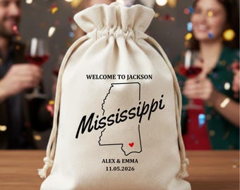 Personalisierte Willkommenstasche für eine Hochzeit in Mississippi, Baumwollbeutel mit Umriss des Bundesstaates als Gastgeschenk für Junggesellinnenabschiede in Jackson, Mississippi