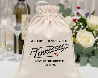 Personalisierte Tennessee-Karte, Junggesellinnenabschieds-Geschenktüte, Willkommenstüte für Hochzeiten in Nashville, personalisierter Baumwollbeutel mit Kordelzug und Staatsumriss