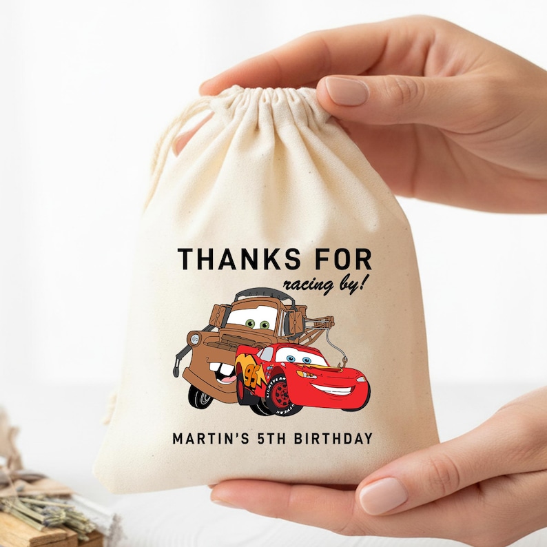 Personalized Cars Birthday Party Favor Bag Custom Name Cotton Treat Pouch Lightning McQueen Theme Gift Sack Boy Racing Celebration Bag image 7