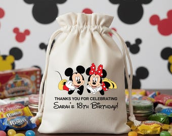 Personalized Birthday Favor Bag, Custom Name Mickey Minnie Cotton Treat Pouch, Disney Theme Party Goodie Bags, Kids Milestone Birthday Gift