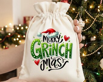 Grinchmas Cotton Drawstring Bag, Christmas Party Favor, Treat Sack