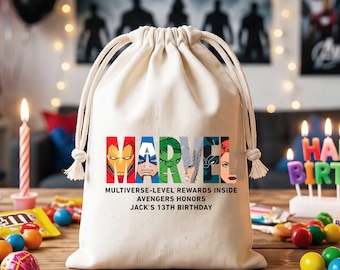 Personalisierte Marvel-Geburtstagsgeschenktüten, Avengers-Geschenkbeutel aus Musselin-Baumwolle mit Kordelzug, individuell gestaltete Superhelden-Süßigkeitentüte für Kinderpartys