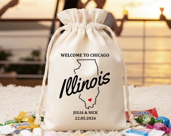 Personalisierte Willkommenstasche aus Illinois, Chicago-Hochzeitsgeschenkbeutel aus Baumwolle mit Kordelzug für Junggesellinnenabschiede, Geschenktüten für Gäste