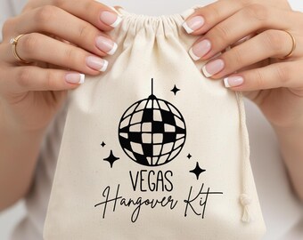 Personalisierte Vegas-Kater-Ausrüstungstasche, Discokugel-Junggesellinnenabschieds-Gastgeschenk, Baumwollbeutel mit Kordelzug, Überlebensset für den letzten Flirt vor dem Ring, Geburtstags-Überlebensset