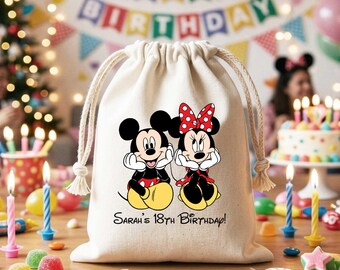 Personalisierte Disney Mickey & Minnie Geburtstagsgeschenktüte, individueller Baumwollbeutel, Geschenk für Kinderpartys, Geschenk für sie, Geschenk für ihn