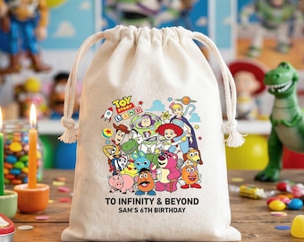 Personalized Toy Story Birthday Favor Bags Custom Name Drawstring Cotton Goodie Sacks Kids Party Treats Decor Buzz Woody Theme Celebration