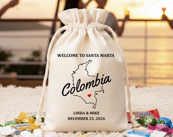 Personalized Colombia Map Cotton Favor Bag, Destination Wedding Gift, Custom Santa Marta Welcome Kit, Bachelorette Party Pouch, Gifts Bags