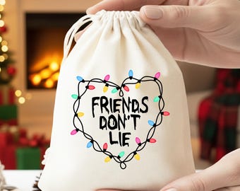 Custom Friends Dont Lie Name Cotton Favor Bag 80s Mystery Inspired Drawstring Gift Pouch Personalized Sci-Fi Fan Birthday Party Goodie Bag
