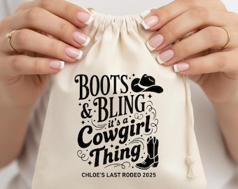 Personalisierte Cowgirl Party Favor Bag, Stiefel & Bling Geschenk Tasche, individuelle Rodeo Geburtstag Goodie Bag, Western Party Favors, Brautpartygeschenke