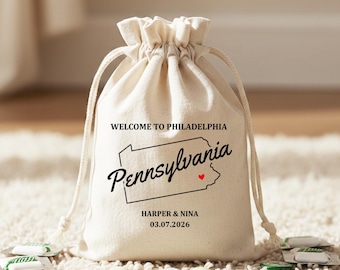 Personalized Pennsylvania Map Cotton Favor Bag Welcome to Philadelphia Wedding Gift State Outline Drawstring Pouch Bachelorette Party Bags