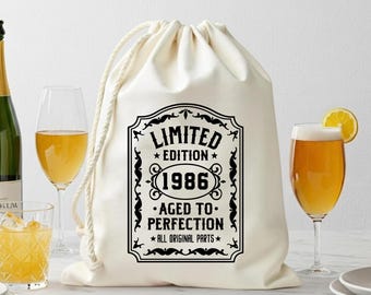 Personalized Birthday Favor Bag: Vintage Aged to Perfection Cotton Drawstring Gift