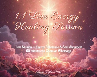 May include: Digital art with a celestial theme. The image features the text "1:1 Live Energy Healing Session" in elegant script. Pink clouds and a bright light beam emanate from the center, with the text "Live Session - Energy Rebalance & Soul Alignment".