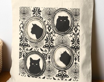 Sac fourre-tout vintage en toile de coton Portraits de chats : art animalier respectueux de l'environnement