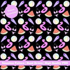 Puede incluir: Patrón sin costuras con ilustraciones de verano sobre un fondo negro. El diseño incluye un flotador de flamenco rosa, rodajas de sandía, pelotas de playa, conchas marinas y bikinis. El texto "Instant Download" está en un círculo rosa.