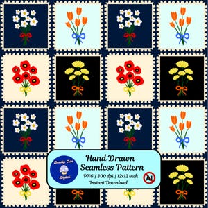 May include: A repeating pattern of floral bouquets in a postage stamp design. The bouquets feature white, orange, yellow, and red flowers tied with ribbons. The text "Hand Drawn Seamless Pattern" is included in the image.