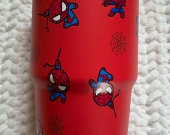 Spidey Inspired 20oz Flip Top Tumbler with Handle – Red, Black, Blue, Grey, Pink & White, Superhero Gift for Kids and Adults
