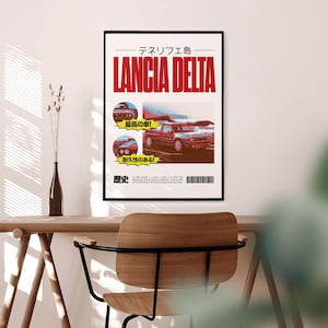 Puede incluir: Un póster enmarcado con un anuncio de coche Lancia Delta rojo y blanco. El póster incluye texto japonés e imágenes del coche. El póster se muestra en una pared de color claro sobre un escritorio y una silla de madera.