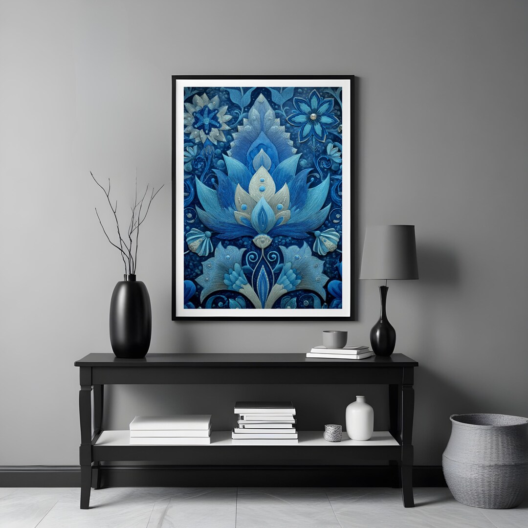 Mystical Blue Lotus Art Print, Mandala Fantasy Wall Decor for Bedroom ...