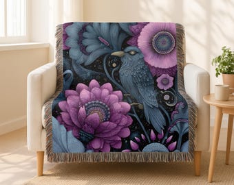Mystische Raben gewebte Decke, Magenta Blüte Sofa Überwurf, Gothik Wohn Dekor, Tagesdecke