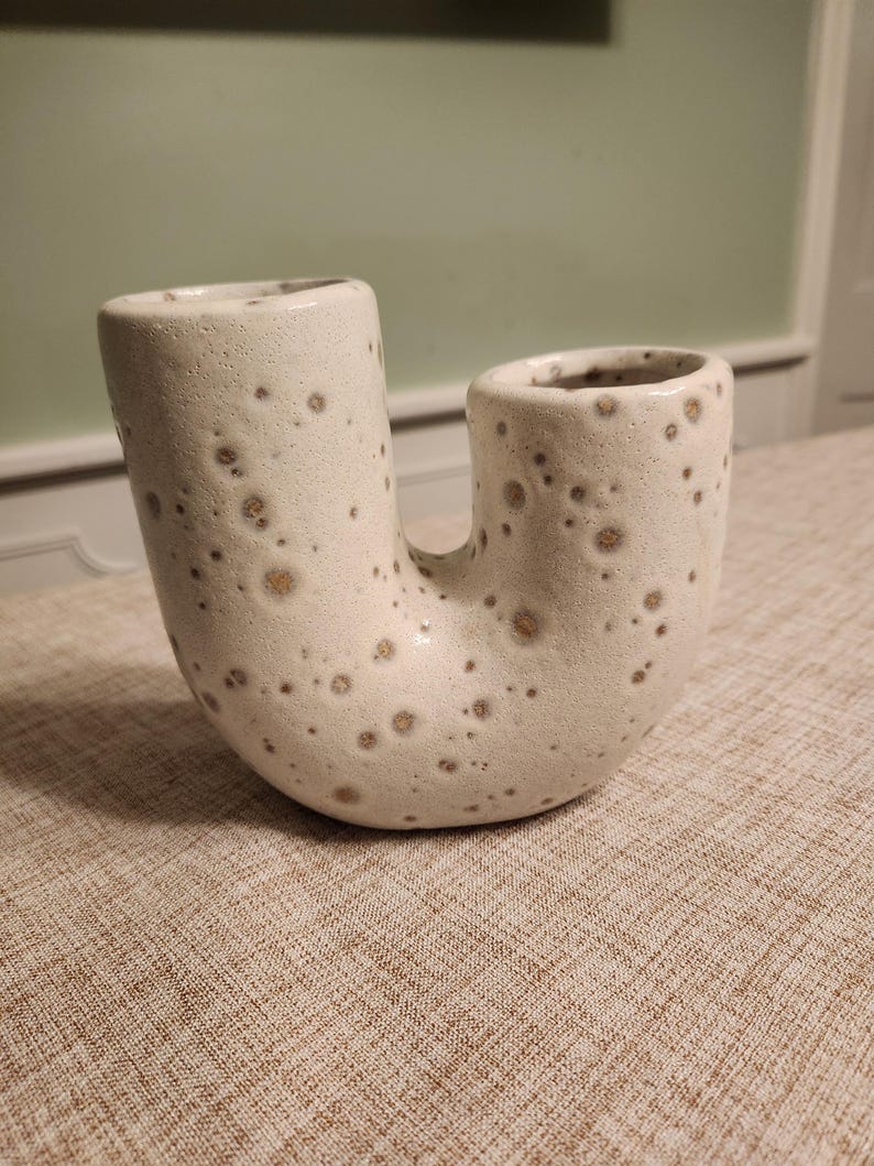 May include: A speckled, off-white ceramic vase with a unique U-shaped design. The vase has two cylindrical openings connected by a curved body. The surface is textured with small, brown spots, adding visual interest to the decorative piece.