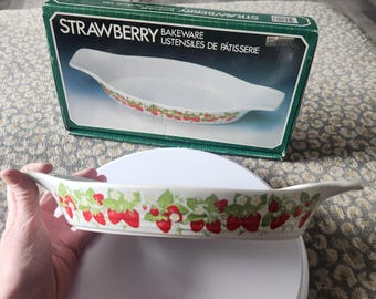 Cazuela rectangular para hornear con fresas gratinadas de acción vintage, de gres, japonesa, con caja