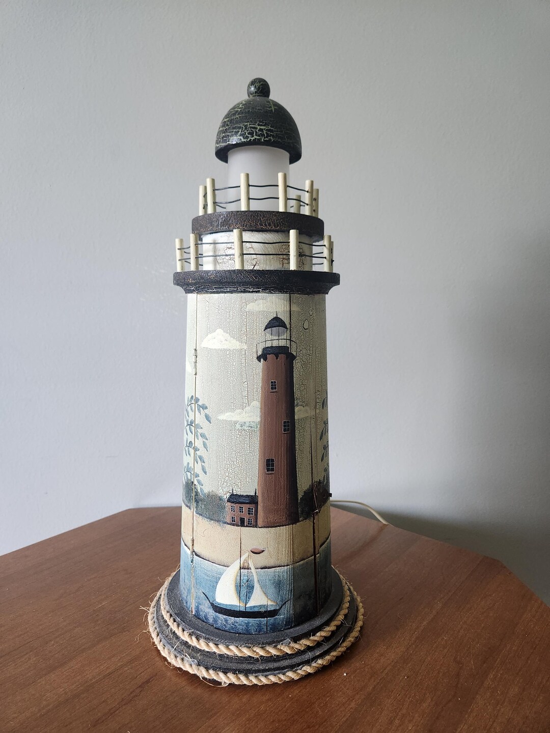 Unique Tall Wooden Lighthouse Blue White Coastal Nautical Lamp Frosted ...