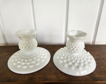 Vintage Fenton White Opaque Bumpy Milk Glass Hobnail Candle Stick Holders 3 1/2” Pair Set 2 Scalloped Rim Wedding Shabby Cottagcore Bridal