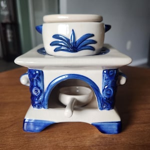 Vintage Blau Weiß Keramik Pagode Ofen Teelicht Wachs Wärmer Halter ätherisches Öl Diffuser Teelicht Kerze