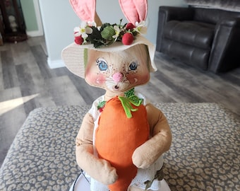 Vintage Easter Annalee Bunny Strawberry Rabbit Hat White Eylet Lace Stand 20 Inches 1968