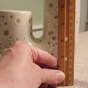 May include: A beige ceramic vase with a unique, curved design. The vase has a speckled pattern with brown spots. The height is approximately 5 inches. The vase is held by a hand.