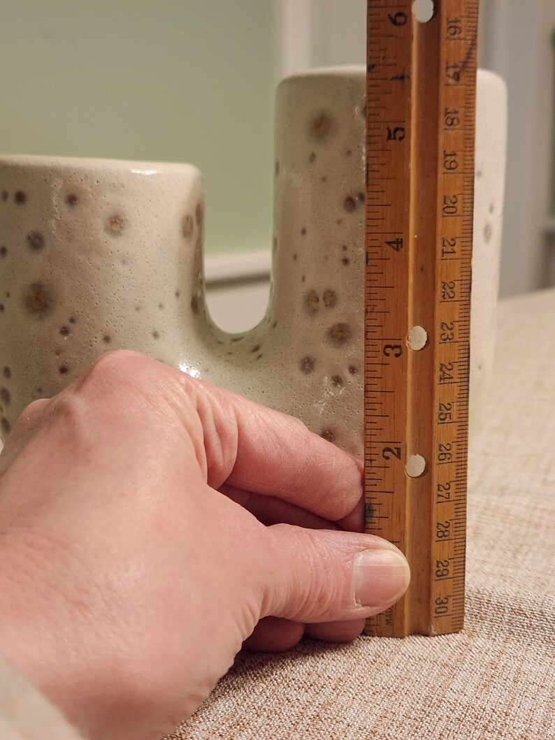 May include: A beige ceramic vase with a unique, curved design. The vase has a speckled pattern with brown spots. The height is approximately 5 inches. The vase is held by a hand.