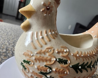 Maceta de cerámica vintage con forma de gallo, gallina y gallina, color marrón neutro y natural