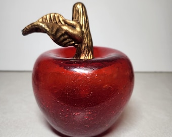Vintage Crackle Art Glas Klar Rött Äpple Dekoration Pappersvikt Bokhylla Bokstöd Guld Förgylld Förgylld Lövstam Mexiko