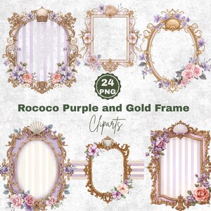May include: A collection of Rococo-style frames in purple and gold, adorned with floral and seashell accents. The frames vary in shape, including oval, rectangular, and ornate designs with striped backgrounds. The image includes the text "Rococo Purple and Gold Frame Cliparts."
