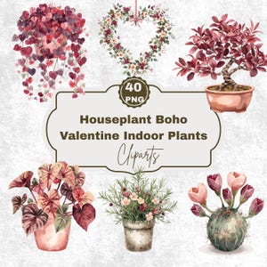 Può includere: Illustrazioni ad acquerello di piante da interno. Include una ghirlanda floreale a forma di cuore, un bonsai e piante in vaso con foglie rosse e verdi. Il testo recita "Houseplant Boho Valentine Indoor Plants Cliparts."