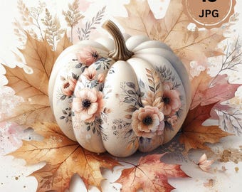 Watercolor Pumpkin Clipart Set – Boho Floral Autumn Design (JPGs)