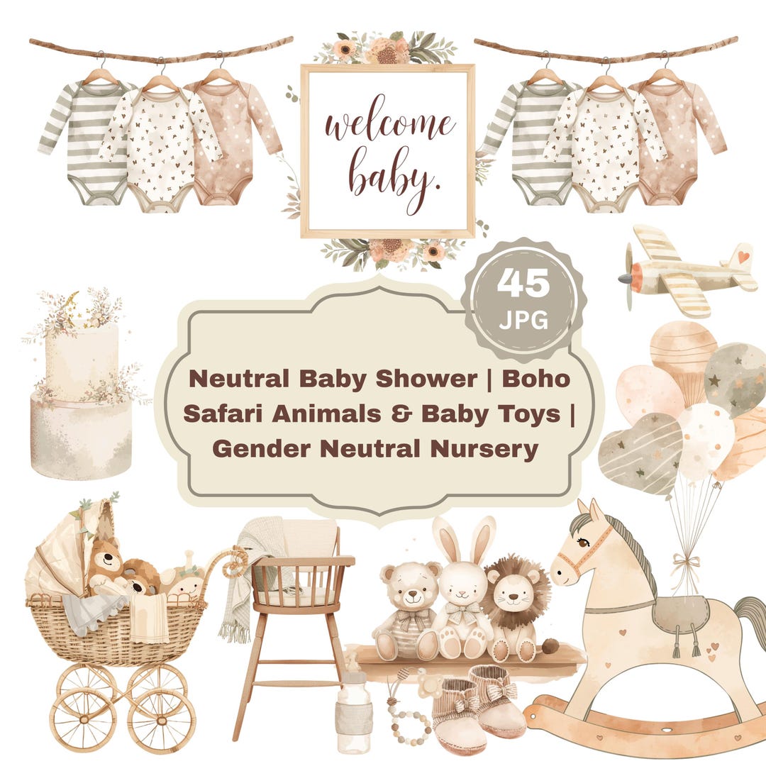 Boho Baby Shower Clipart | Neutral Safari Animals, Watercolor Toys ...