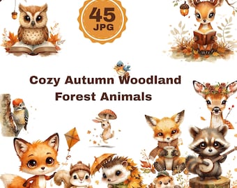 Autumn Woodland Animals Clipart, Watercolor Forest JPG (Instant Download)