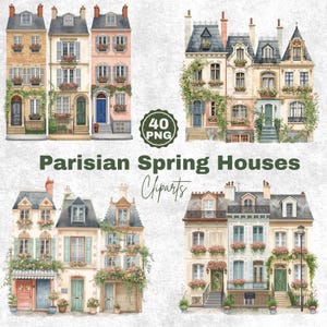 Puede incluir: Ilustración en acuarela de casas parisinas en primavera. La imagen presenta cuatro conjuntos de edificios con fachadas coloridas, balcones y detalles florales. El texto "Parisian Spring Houses Cliparts" se muestra debajo, con una insignia "40 PNG".