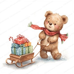 May include: A watercolor illustration of a brown teddy bear wearing a red scarf, pulling a wooden sled filled with wrapped gifts. The gifts are in various colors and patterns, with a candy cane on top.