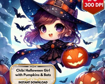 Kawaii Witch Clipart: Watercolor Halloween Girl, Pumpkins & Bats (JPG)