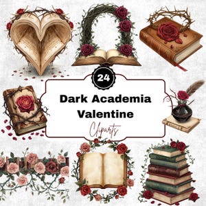 Puede incluir: Un conjunto de 24 cliparts de Dark Academia Valentine. Las imágenes presentan libros abiertos, rosas, espinas y una pluma y tintero. La paleta de colores incluye tonos de marrón, rojo y verde, con una estética vintage.