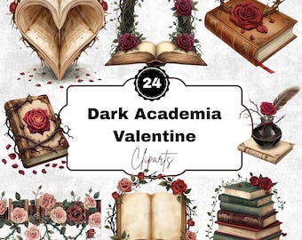 May include: A collection of 24 Dark Academia Valentine cliparts. The images feature open books, roses, thorns, and a quill and inkwell. The color palette includes shades of brown, red, and green, with a vintage aesthetic.