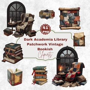 Puede incluir: Una colección de elementos de imágenes prediseñadas de estilo vintage con un tema de academia oscura. La imagen incluye pilas de libros antiguos, sillones con mantas de retazos, ventanas arqueadas y un letrero de "Library". También está presente el texto "Dark Academia Library Patchwork Vintage Bookish Cliparts".