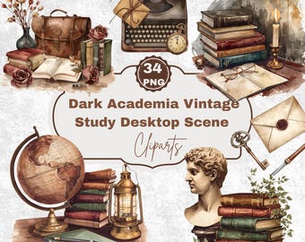 Puede incluir: Una ilustración en acuarela con temática de academia oscura. La imagen incluye una máquina de escribir vintage, libros, un globo terráqueo, un busto y otros objetos antiguos. El texto dice "Dark Academia Vintage Study Desktop Scene Cliparts."
