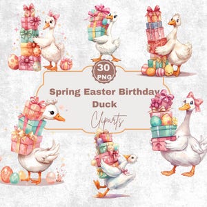 May include: Watercolor illustration featuring white ducks with pink bows, carrying stacks of colorful gift boxes and Easter eggs. The image includes the text "Spring Easter Birthday Duck Cliparts".