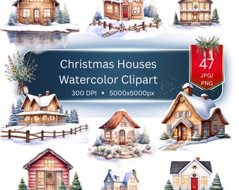 Watercolor Christmas Village Clipart: 47 Snowy Cottage PNG/JPG (Digital Download)